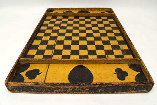 Double Sided Antique Folk Art Game Board in Black and Mustard Original Paint, New England 19th Century Double Sided Antique Folk Art Game Board in Black and Mustard Original Paint, New England 19th Century