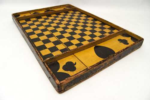 Double Sided Antique Folk Art Game Board in Black and Mustard Original Paint, New England 19th Century Double Sided Antique Folk Art Game Board in Black and Mustard Original Paint, New England 19th Century