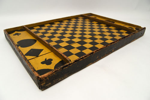 Double Sided Antique Folk Art Game Board in Black and Mustard Original Paint, New England 19th Century Double Sided Antique Folk Art Game Board in Black and Mustard Original Paint, New England 19th Century