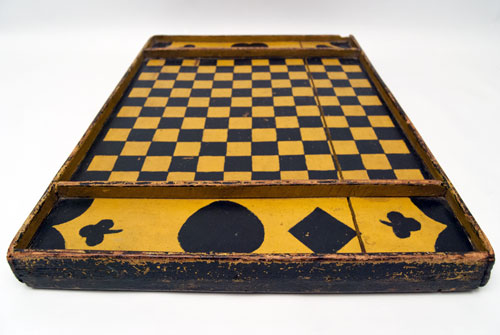 Double Sided Antique Folk Art Game Board in Black and Mustard Original Paint, New England 19th Century Double Sided Antique Folk Art Game Board in Black and Mustard Original Paint, New England 19th Century