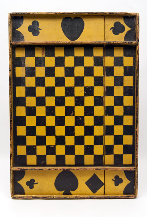 Double Sided Antique Folk Art Game Board in Black and Mustard Original Paint, New England 19th Century Double Sided Antique Folk Art Game Board in Black and Mustard Original Paint, New England 19th Century