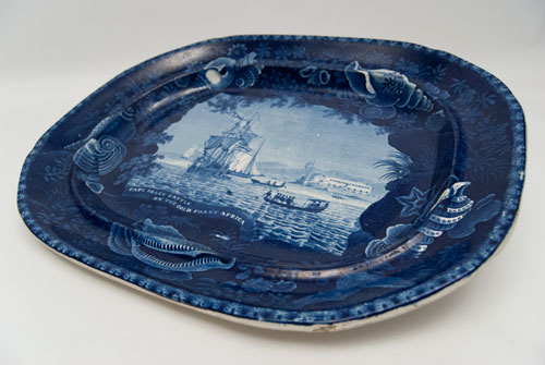 Antique Historical Staffordshire Platter Flow Blue 19th Century Cape Coast Castle on the Gold Coast Africa Antique Historical Staffordshire Platter Flow Blue 19th Century Cape Coast Castle on the Gold Coast Africa