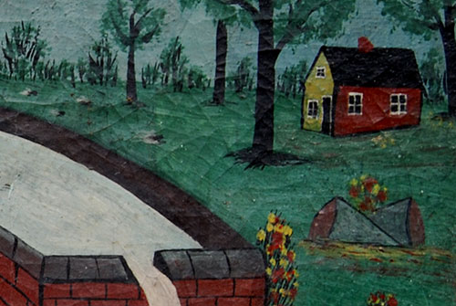 19th Century folk art painting, oil on canvas, primitive log cabin and swans, pennsylvania origins, vivid colors 19th Century folk art painting, oil on canvas, primitive log cabin and swans, pennsylvania origins, vivid colors