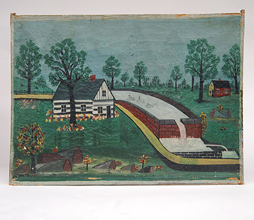19th Century folk art painting, oil on canvas, primitive log cabin and swans, pennsylvania origins, vivid colors 19th Century folk art painting, oil on canvas, primitive log cabin and swans, pennsylvania origins, vivid colors