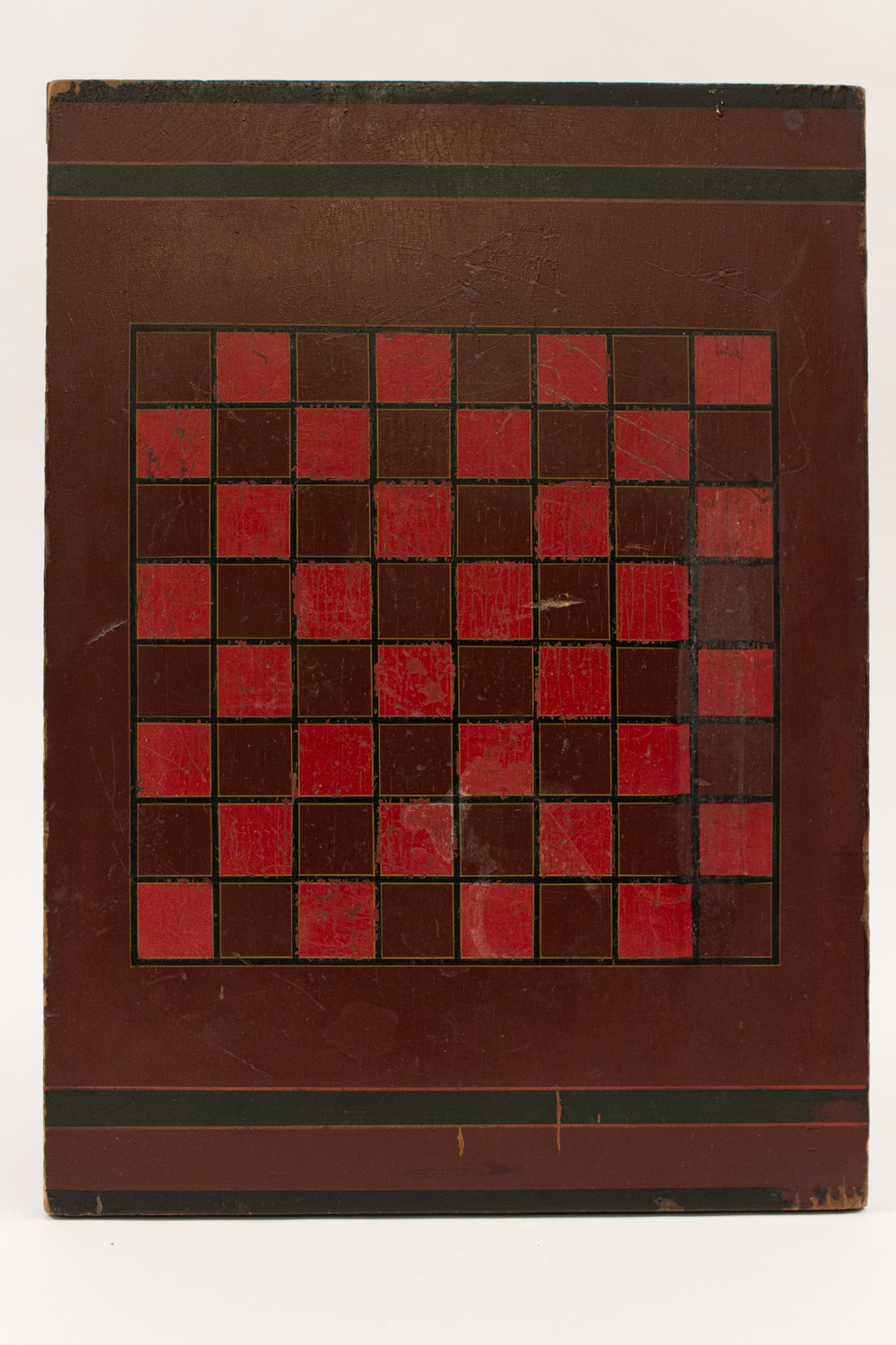 1930s 1940s Wooden Gameboard Painted Red Black Checkers Relief Carved Bold Graphic For Sale