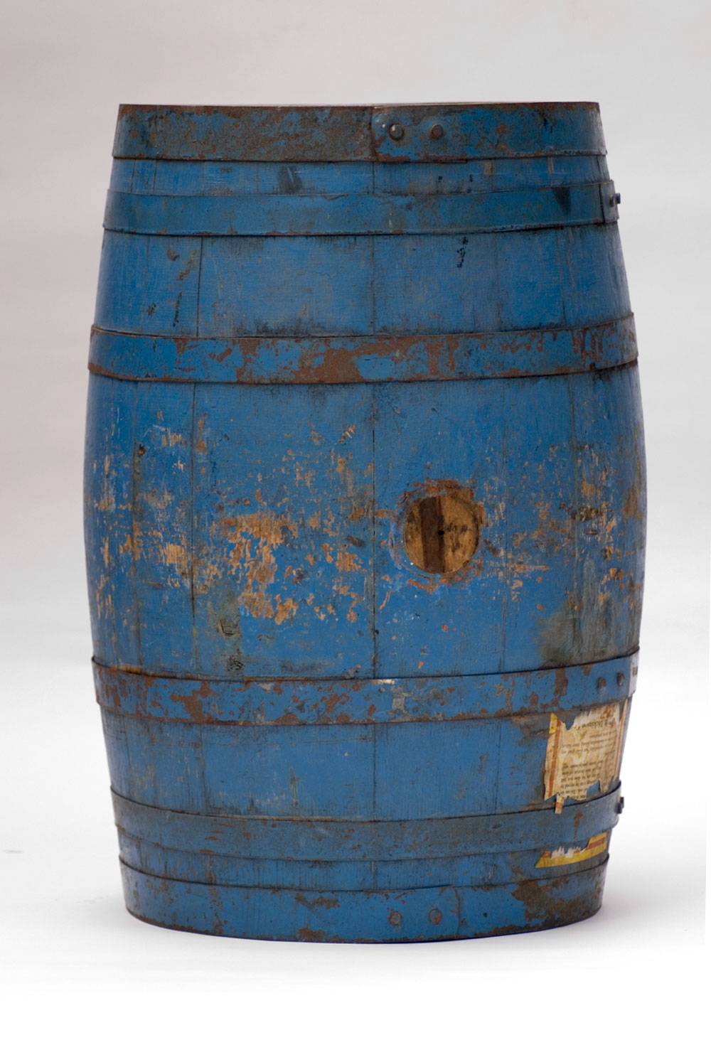 Original Old Blue Paint Antique Wooden Advertising Barrel