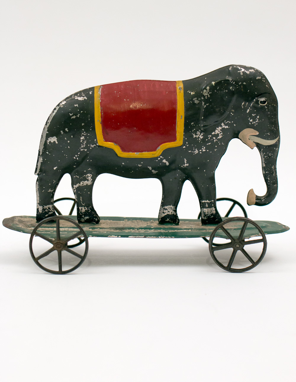 Early Antique American Tin Pull Toy Elephant on Wheel Platform