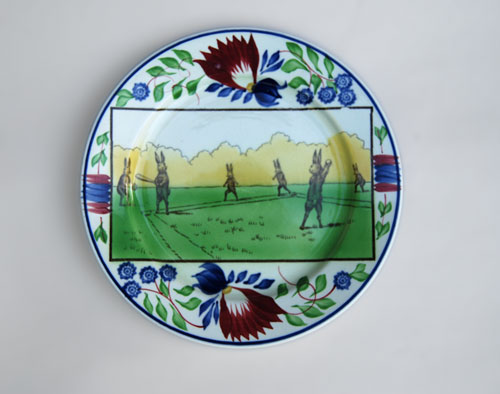 Stick Spatter, 19th Century Rabbits Playing Baseball Plate Stick Spatter, 19th Century Rabbits Playing Baseball Plate