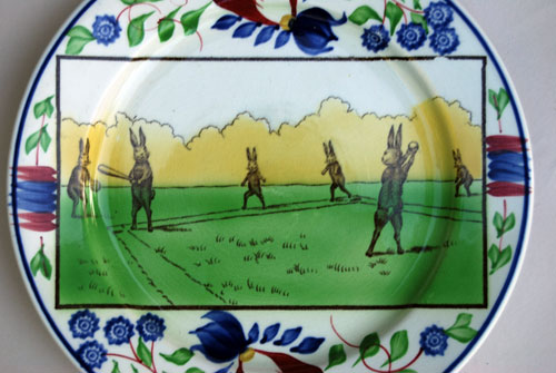 Stick Spatter, 19th Century Rabbits Playing Baseball Plate Stick Spatter, 19th Century Rabbits Playing Baseball Plate