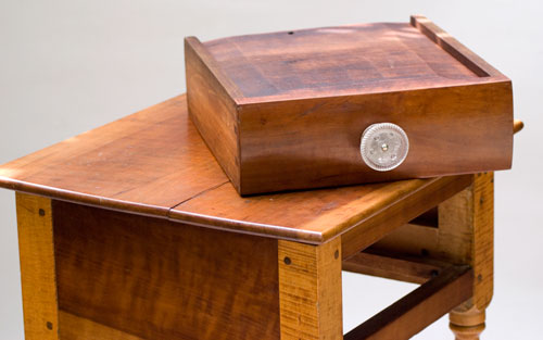 Antique Table: Tiger Maple and Cherry One Drawer Stand with glass knob and spectacular turned legs Tiger Maple and Cherry Early American Turned Legs Antique One Drawer Stand Table