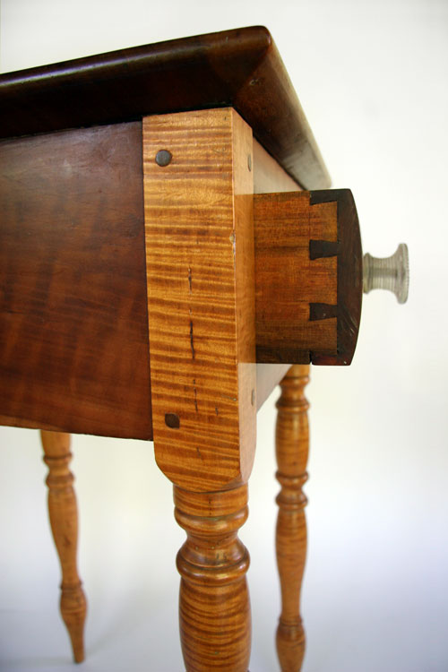Antique Table: Tiger Maple and Cherry One Drawer Stand with glass knob and spectacular turned legs Antique Table: Tiger Maple and Cherry One Drawer Stand with glass knob and spectacular turned legs