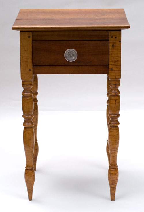 Antique Table: Tiger Maple and Cherry One Drawer Stand with glass knob and spectacular turned legs Antique Table: Tiger Maple and Cherry One Drawer Stand with glass knob and spectacular turned legs