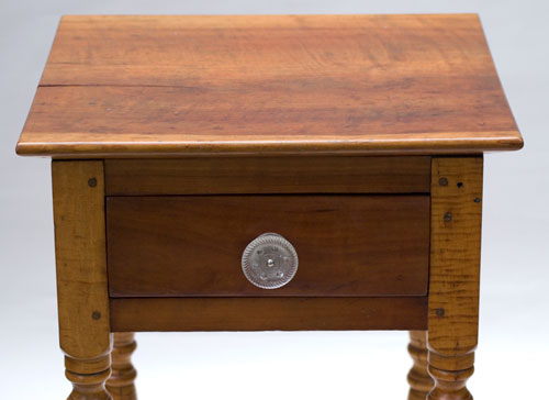 Antique Table: Tiger Maple and Cherry One Drawer Stand with glass knob and spectacular turned legs Tiger Maple and Cherry Early American Turned Legs Antique One Drawer Stand Table