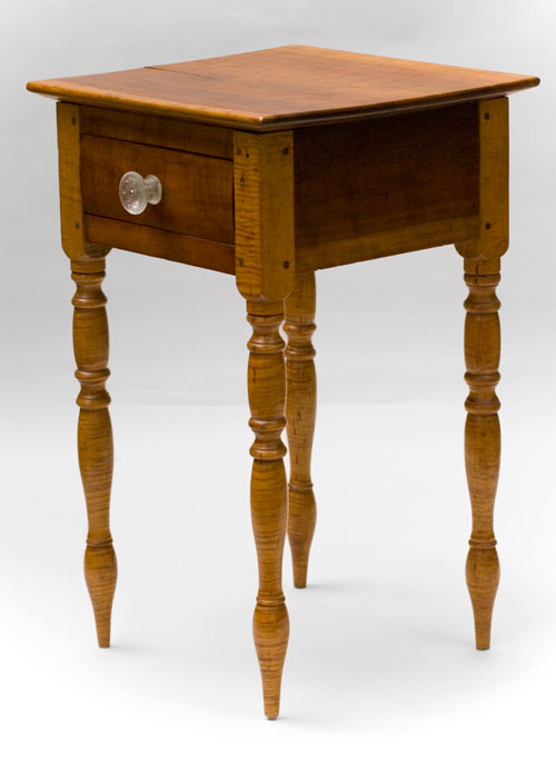 Antique Table: Tiger Maple and Cherry One Drawer Stand with glass knob and spectacular turned legs Tiger Maple and Cherry Early American Turned Legs Antique One Drawer Stand Table