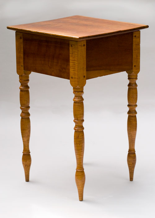 Antique Table: Tiger Maple and Cherry One Drawer Stand with glass knob and spectacular turned legs Tiger Maple and Cherry Early American Turned Legs Antique One Drawer Stand Table