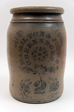 Hamilton and Jones Greensboro Pennsylvania Cobalt Decorated Salt Glazed 2 Gallon Stoneware Storage Jar with Center Star Motif Hamilton and Jones Greensboro Pennsylvania Cobalt Decorated Salt Glazed 2 Gallon Stoneware Storage Jar with Center Star Motif