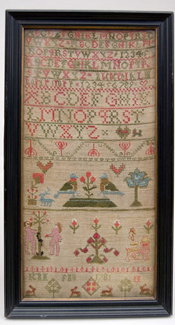 18th Century 1781 Adam and Eve Antique Needlework Sampler Excellent condition and highly decorated colorful motifs 18th Century 1781 Adam and Eve Antique Needlework Sampler Excellent condition and highly decorated colorful motifs