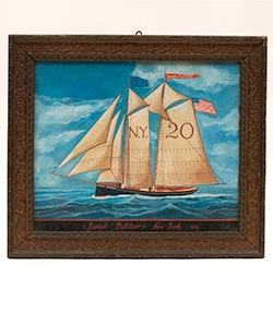 Patriotoic Americana Watercolor Folk Art Painting Racing Schooner Joseph Pulitizer New York 1896 American Flag Race Boat