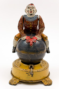 Antique Mechanical Cast Iron Clown on Globe Bank in Original Paint Antique Mechanical Cast Iron Clown on Globe Bank in Original Paint
