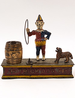 Antique Mechanical Cast Iron Bank Trick Dog in Original Paint