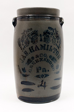 James Hamilton and Company 4 Gallon Blue Decorated Salt Glazed Stoneware Churn James Hamilton and Company 4 Gallon Blue Decorated Salt Glazed Stoneware Churn