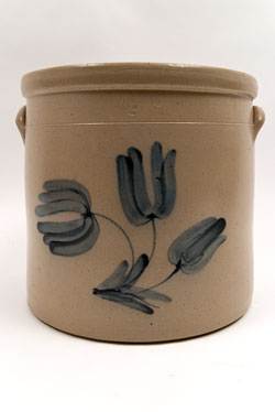 Cobalt Blue Decorated Tulip Freehand Four Gallon Salt Glaze Stoneware Crock Cobalt Blue Decorated Tulip Freehand Four Gallon Salt Glaze Stoneware Crock