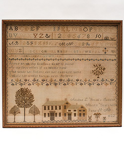 Early American Needlework Schoolgirl House Sampler Adaline L Yount New London CT For Sale Early American Needlework Schoolgirl House Sampler Adaline L Yount New London CT For Sale