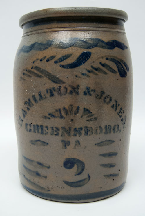 Hamilton and Jones Cobalt Decorated Early American Antique Stoneware For Sale: Salt Glazed Blue Stencil and Freehand Crock Greensboro Pennsylvania Hamilton and Jones Cobalt Decorated Early American Antique Stoneware For Sale: Salt Glazed Blue Stencil and Freehand Crock Greensboro Pennsylvania