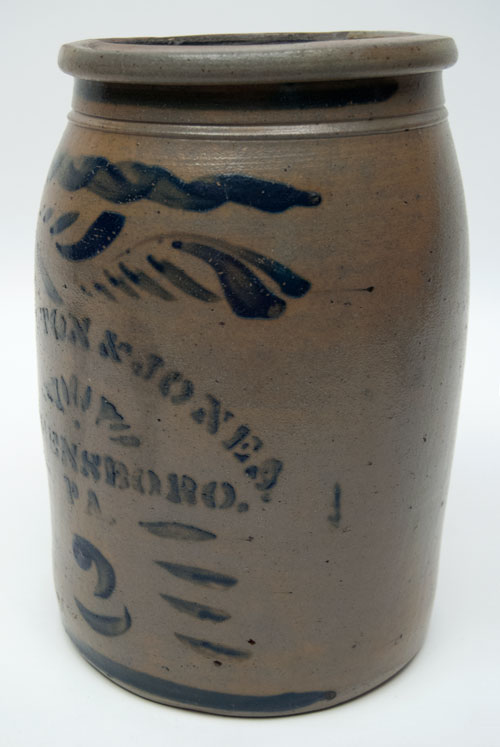 Hamilton and Jones Cobalt Decorated Early American Antique Stoneware For Sale: Salt Glazed Blue Stencil and Freehand Crock Greensboro Pennsylvania Hamilton and Jones Cobalt Decorated Early American Antique Stoneware For Sale: Salt Glazed Blue Stencil and Freehand Crock Greensboro Pennsylvania