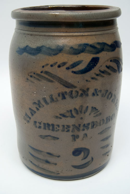 Hamilton and Jones Cobalt Decorated Early American Antique Stoneware For Sale: Salt Glazed Blue Stencil and Freehand Crock Greensboro Pennsylvania Hamilton and Jones Cobalt Decorated Early American Antique Stoneware For Sale: Salt Glazed Blue Stencil and Freehand Crock Greensboro Pennsylvania
