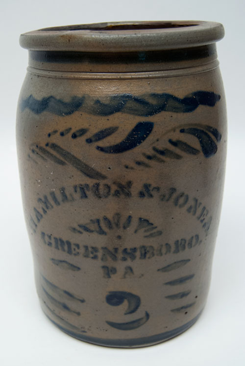 Hamilton and Jones Cobalt Decorated Early American Antique Stoneware For Sale: Salt Glazed Blue Stencil and Freehand Crock Greensboro Pennsylvania Hamilton and Jones Cobalt Decorated Early American Antique Stoneware For Sale: Salt Glazed Blue Stencil and Freehand Crock Greensboro Pennsylvania