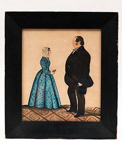 Early 19th Century Watercolor Portrait Woman in Blue Dress Man with Top Hat and Watch Fob Early 19th Century Watercolor Portrait Woman in Blue Dress Man with Top Hat and Watch Fob
