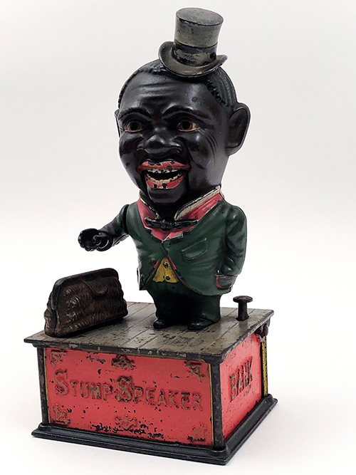 Stump Speaker Antique 19th Century Original Cast Iron Painted Mechanical Bank For Sale Black Americana Stump Speaker Antique 19th Century Original Cast Iron Painted Mechanical Bank For Sale Black Americana
