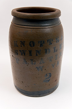 Palatine WV Knotts & Swindler 2 Gallon Cobalt Decorated Stoneware Storage Jar Palatine WV Knotts & Swindler 2 Gallon Cobalt Decorated Stoneware Storage Jar