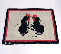 Antique American Hooked Rug Folk Art Rooster Fight Cocks Cock Fighting Antique American Hooked Rug Folk Art Rooster Fight Cocks Cock Fighting