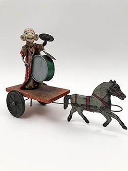 Antique Horse Drawn Pull Toy Yellow Kid Mickey Dugan Drumming Clown on Wagon For Sale Antique Horse Drawn Pull Toy Yellow Kid Mickey Dugan Drumming Clown on Wagon For Sale