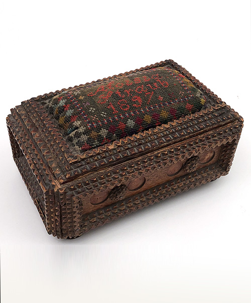 antique tramp art sewing box with sampler aloissa straub