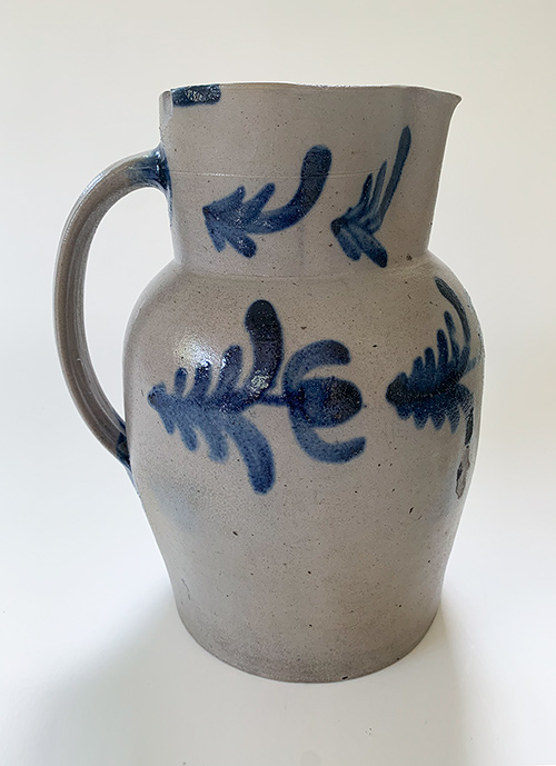 antique blue decorated stoneware pitcher for sale 1830-1850 potted by david parr in baltimore maryland