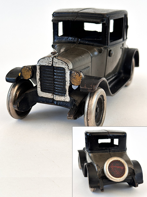 two tone arcade cast iron chevy coupe with original sticker 1920s antique toy vehicle for sale