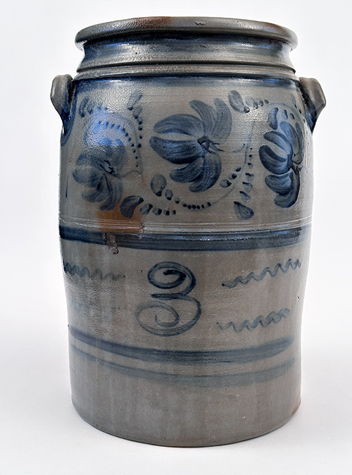 highly decorated freehand blue 3 gallon pennsylvania stoneware crock