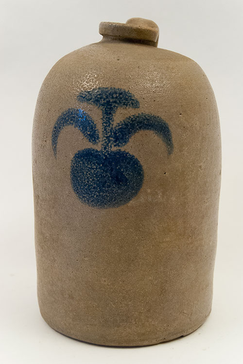 Antique Ohio Pottery Blue Decorated Stoneware Salt Glazed Jug Apple Country Primitive For Sale Antique Ohio Pottery Blue Decorated Stoneware Salt Glazed Jug Apple Country Primitive For Sale