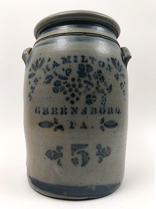 Five Gallon Southwestern Pennsylvania Salt Glazed Cobalt Decorated James Hamilton Crock For Sale From Z and K Antiques Five Gallon Southwestern Pennsylvania Salt Glazed Cobalt Decorated James Hamilton Crock For Sale From Z and K Antiques