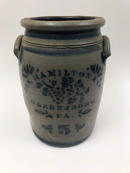 Five Gallon Southwestern Pennsylvania Salt Glazed Cobalt Decorated James Hamilton Crock For Sale From Z and K Antiques Five Gallon Southwestern Pennsylvania Salt Glazed Cobalt Decorated James Hamilton Crock For Sale From Z and K Antiques