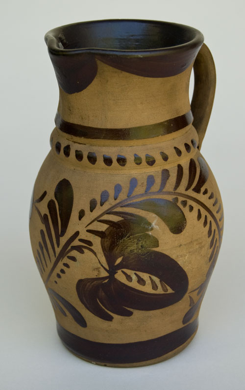 New Geneva PA Highly Decorated 7 Inch Tanware Pitcher For Sale: Pennsylvania Brown Paint Decorated Flower Design Tourist Pottery New Geneva PA Highly Decorated 7 Inch Tanware Pitcher For Sale: Pennsylvania Brown Paint Decorated Flower Design Tourist Pottery