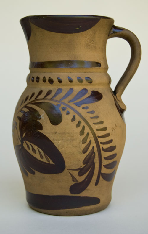 New Geneva PA Highly Decorated 7 Inch Tanware Pitcher For Sale: Pennsylvania Brown Paint Decorated Flower Design Tourist Pottery New Geneva PA Highly Decorated 7 Inch Tanware Pitcher For Sale: Pennsylvania Brown Paint Decorated Flower Design Tourist Pottery