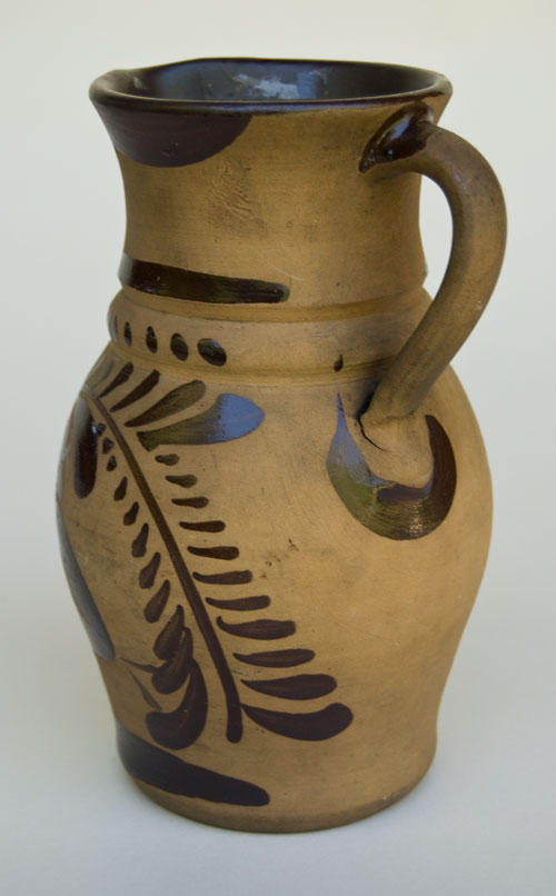 New Geneva PA Highly Decorated 7 Inch Tanware Pitcher For Sale: Pennsylvania Brown Paint Decorated Flower Design Tourist Pottery New Geneva PA Highly Decorated 7 Inch Tanware Pitcher For Sale: Pennsylvania Brown Paint Decorated Flower Design Tourist Pottery