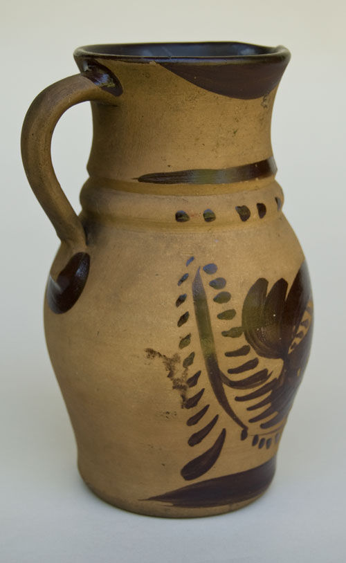 New Geneva PA Highly Decorated 7 Inch Tanware Pitcher For Sale: Pennsylvania Brown Paint Decorated Flower Design Tourist Pottery New Geneva PA Highly Decorated 7 Inch Tanware Pitcher For Sale: Pennsylvania Brown Paint Decorated Flower Design Tourist Pottery