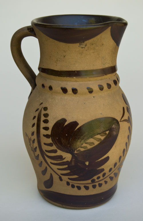 New Geneva PA Highly Decorated 7 Inch Tanware Pitcher For Sale: Pennsylvania Brown Paint Decorated Flower Design Tourist Pottery New Geneva PA Highly Decorated 7 Inch Tanware Pitcher For Sale: Pennsylvania Brown Paint Decorated Flower Design Tourist Pottery