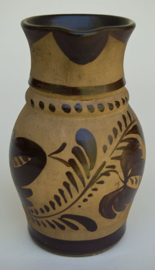 New Geneva PA Highly Decorated 7 Inch Tanware Pitcher For Sale: Pennsylvania Brown Paint Decorated Flower Design Tourist Pottery New Geneva PA Highly Decorated 7 Inch Tanware Pitcher For Sale: Pennsylvania Brown Paint Decorated Flower Design Tourist Pottery