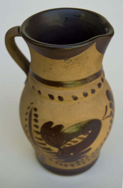 New Geneva PA Highly Decorated 7 Inch Tanware Pitcher For Sale: Pennsylvania Brown Paint Decorated Flower Design Tourist Pottery New Geneva PA Highly Decorated 7 Inch Tanware Pitcher For Sale: Pennsylvania Brown Paint Decorated Flower Design Tourist Pottery